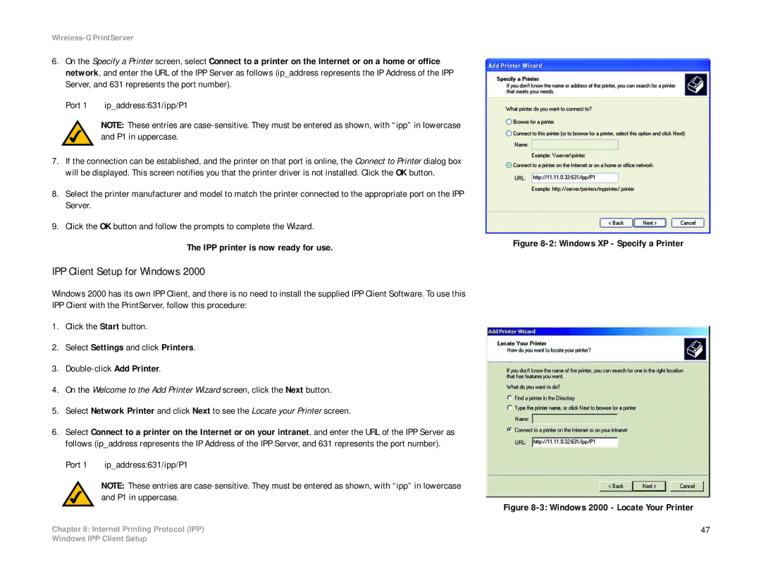 Linksys WPS54G manual IPP Client Setup for Windows, Windows XP Specify a Printer 