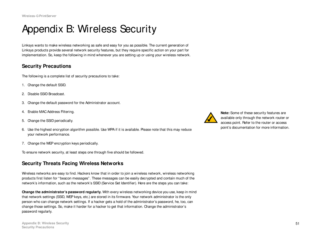 Linksys WPS54G manual Appendix B Wireless Security, Security Precautions, Security Threats Facing Wireless Networks 