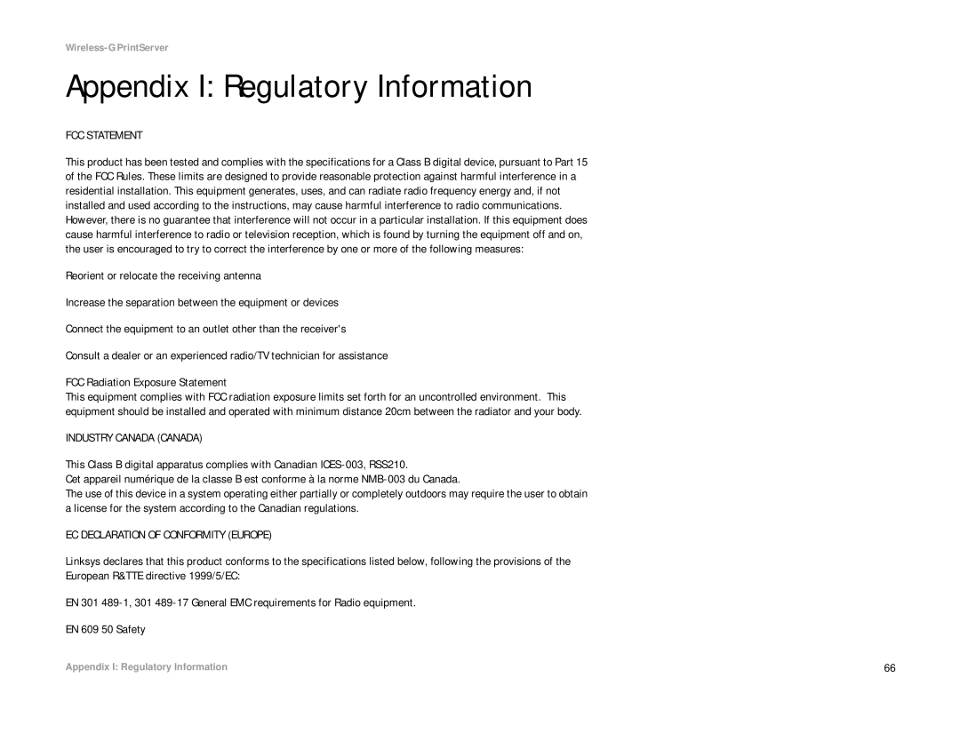 Linksys WPS54G manual Appendix I Regulatory Information, FCC Statement 