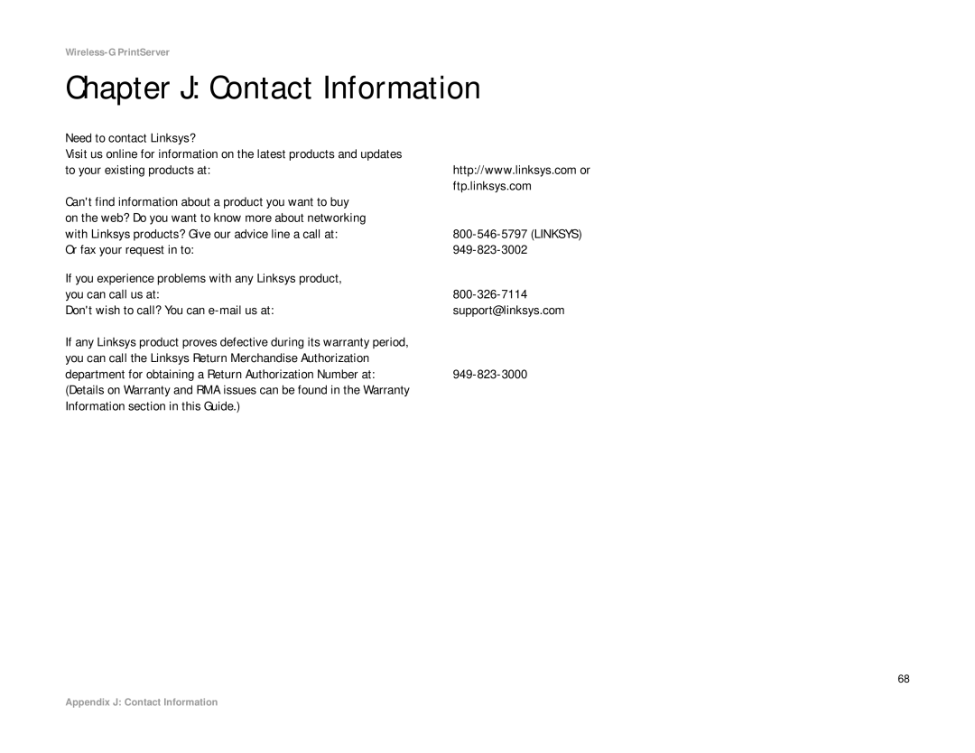 Linksys WPS54G manual Chapter J Contact Information 