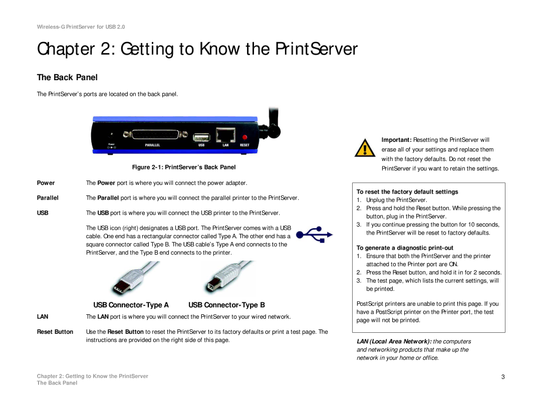 Linksys WPS54GU2 manual Getting to Know the PrintServer, Back Panel, USB Connector-Type a USB Connector-Type B 