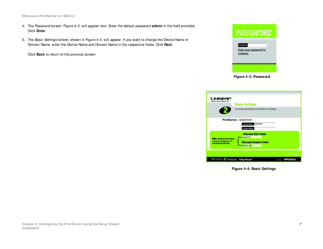 Linksys WPS54GU2 manual Click Back to return to the previous screen, Password 