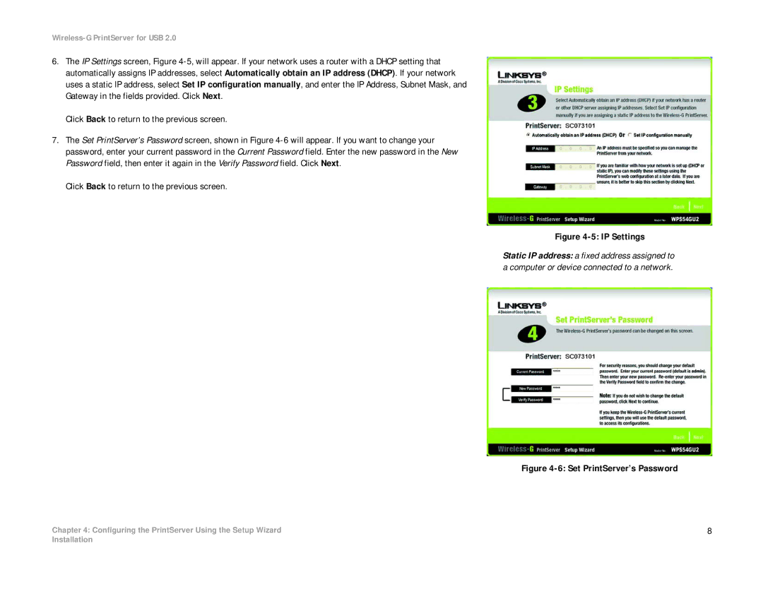 Linksys WPS54GU2 manual IP Settings 