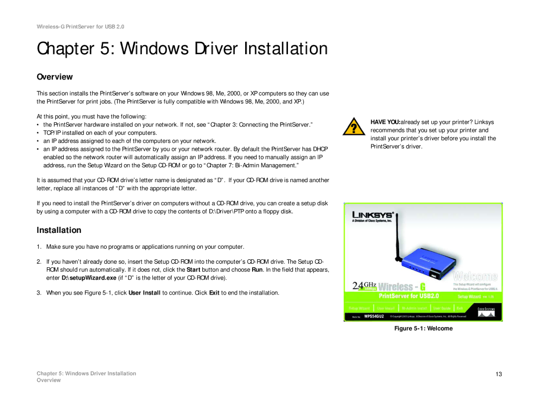 Linksys WPS54GU2 manual Windows Driver Installation, Welcome 