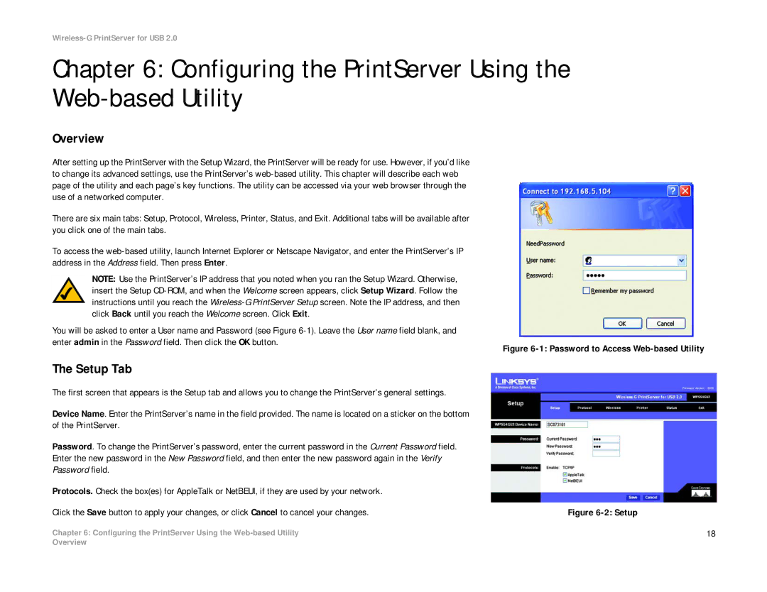 Linksys WPS54GU2 manual Configuring the PrintServer Using the Web-based Utility, Setup Tab 