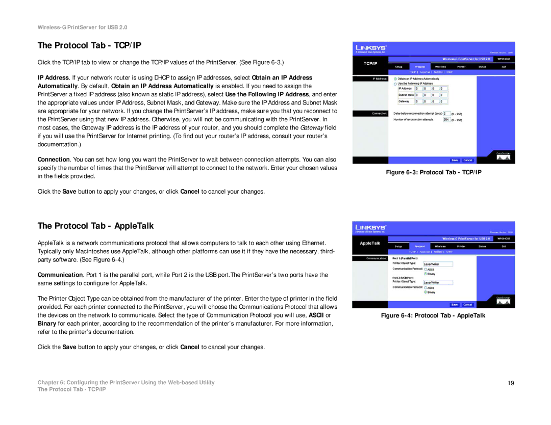 Linksys WPS54GU2 manual Protocol Tab TCP/IP, Protocol Tab AppleTalk 