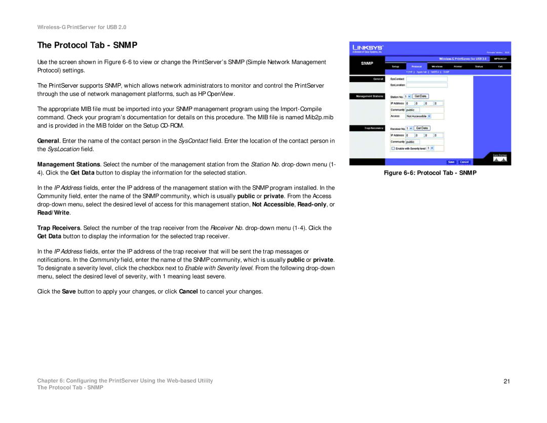 Linksys WPS54GU2 manual Protocol Tab Snmp 