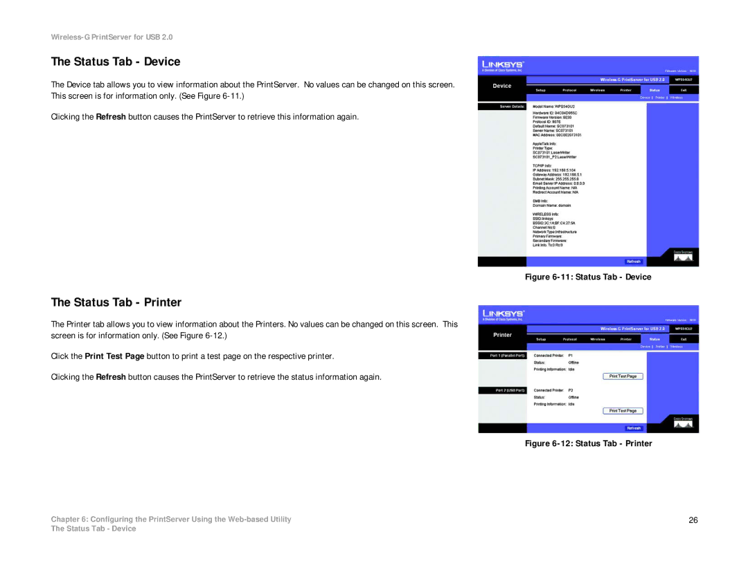 Linksys WPS54GU2 manual Status Tab Device, Status Tab Printer 