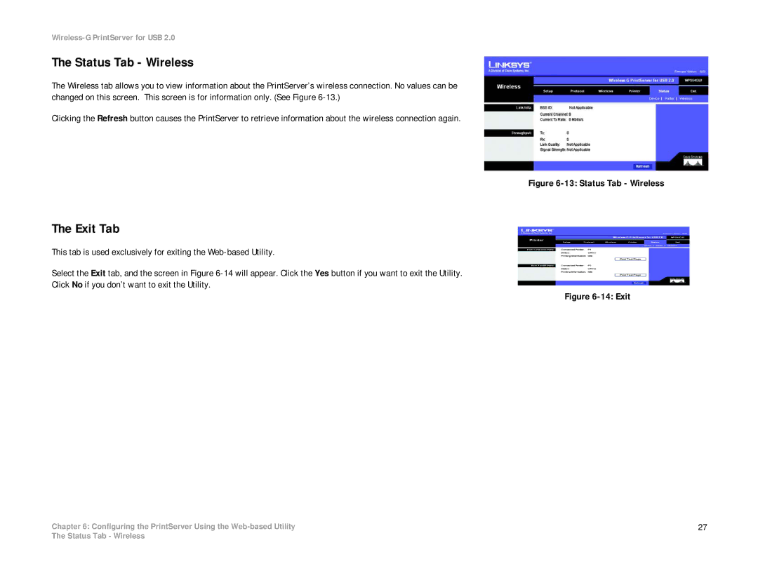 Linksys WPS54GU2 manual Status Tab Wireless, Exit Tab 