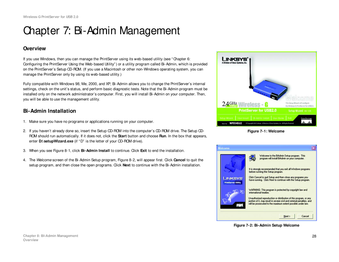 Linksys WPS54GU2 manual Bi-Admin Management, Bi-Admin Installation 