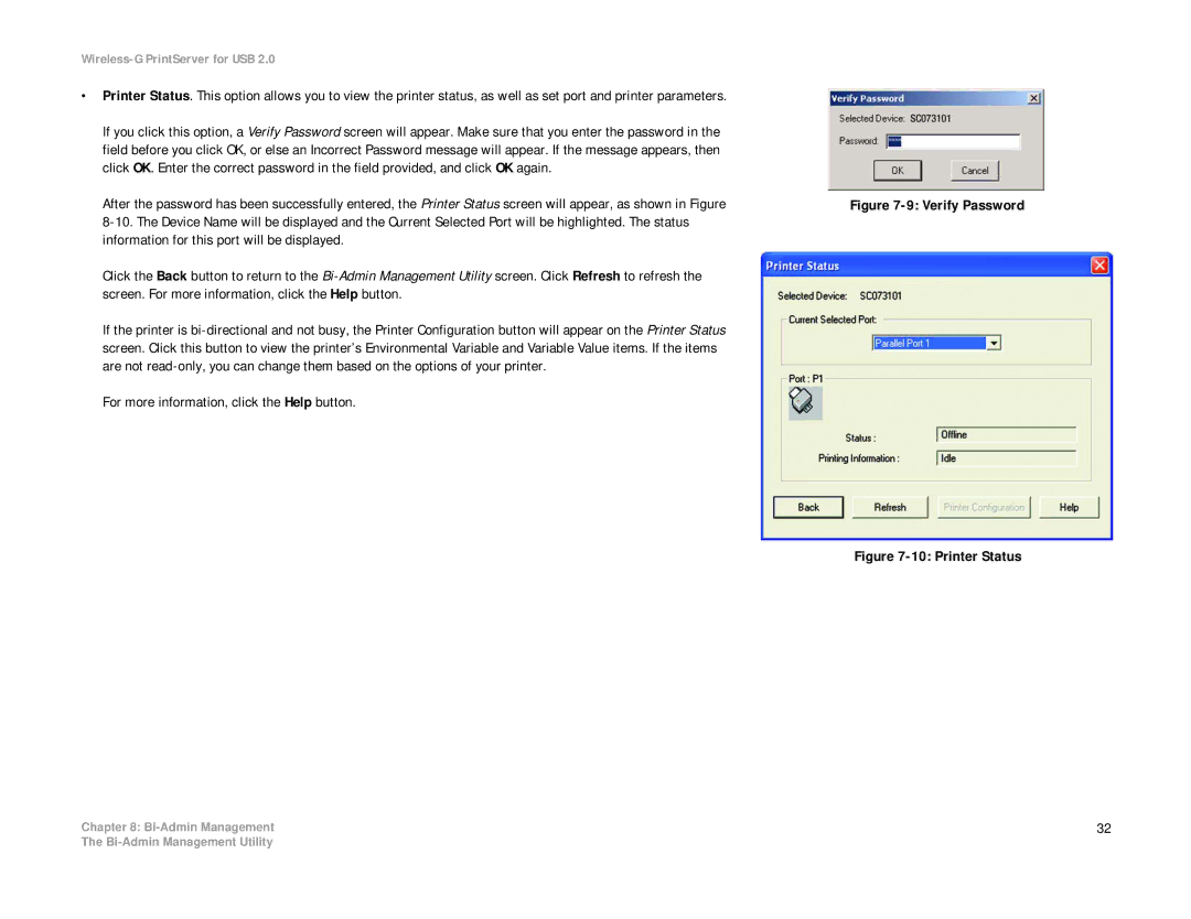 Linksys WPS54GU2 manual Verify Password, Printer Status 