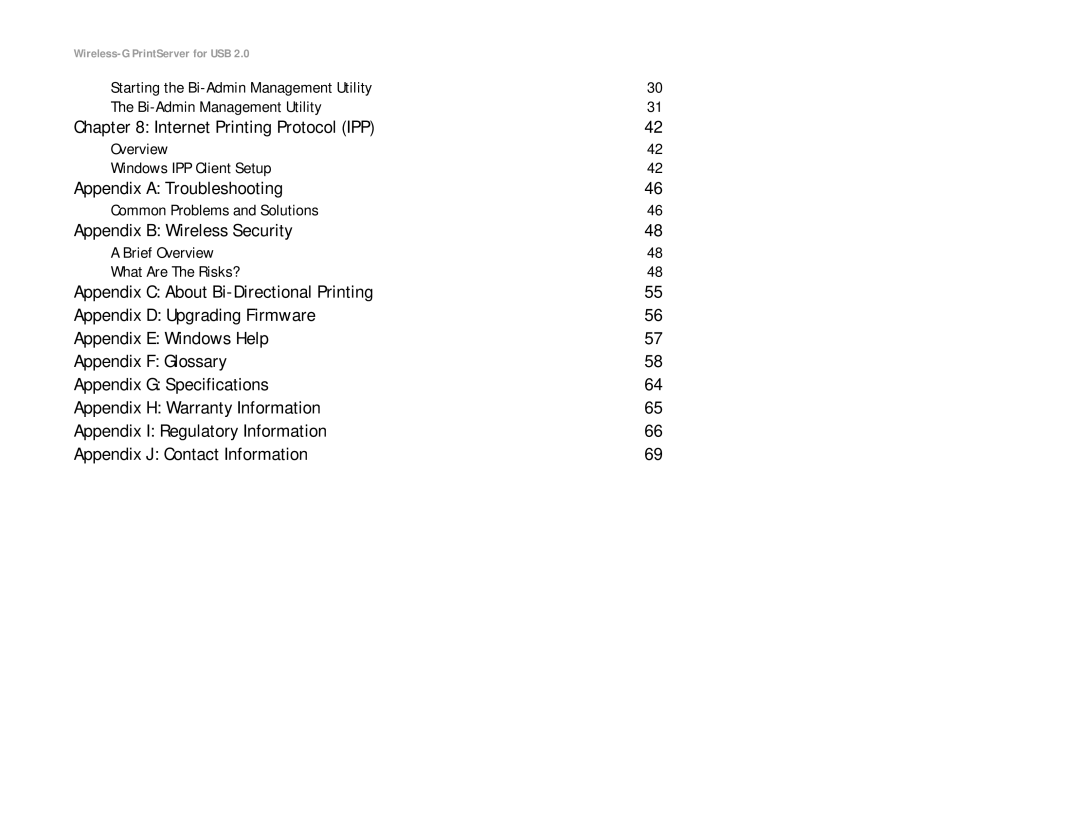 Linksys WPS54GU2 manual Internet Printing Protocol IPP, Appendix a Troubleshooting, Appendix B Wireless Security 