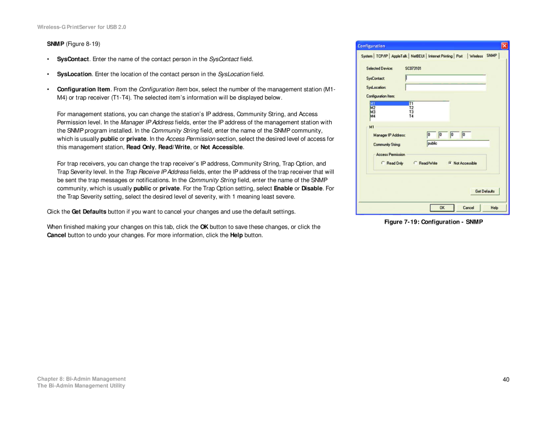 Linksys WPS54GU2 manual Configuration Snmp 