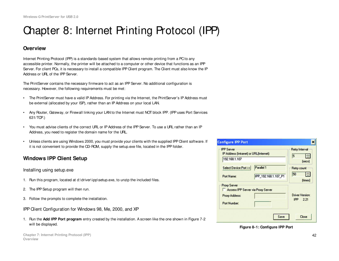 Linksys WPS54GU2 manual Internet Printing Protocol IPP, Windows IPP Client Setup, Installing using setup.exe 