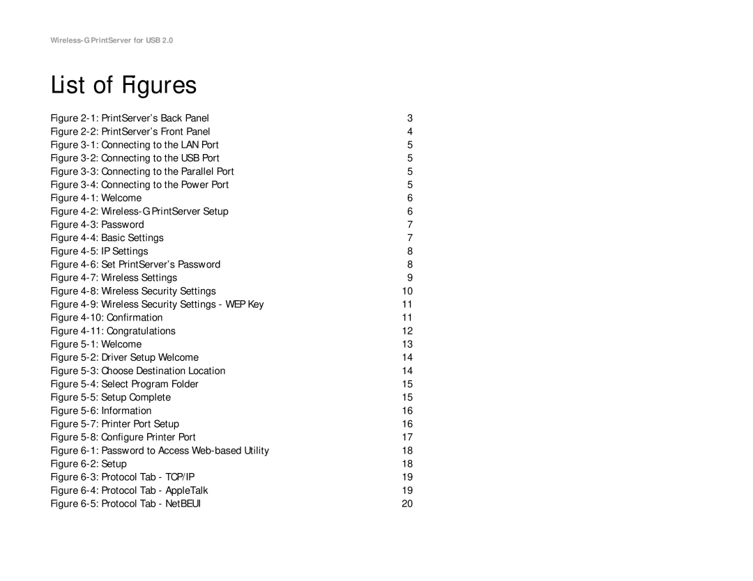 Linksys WPS54GU2 manual List of Figures, PrintServer’s Back Panel 