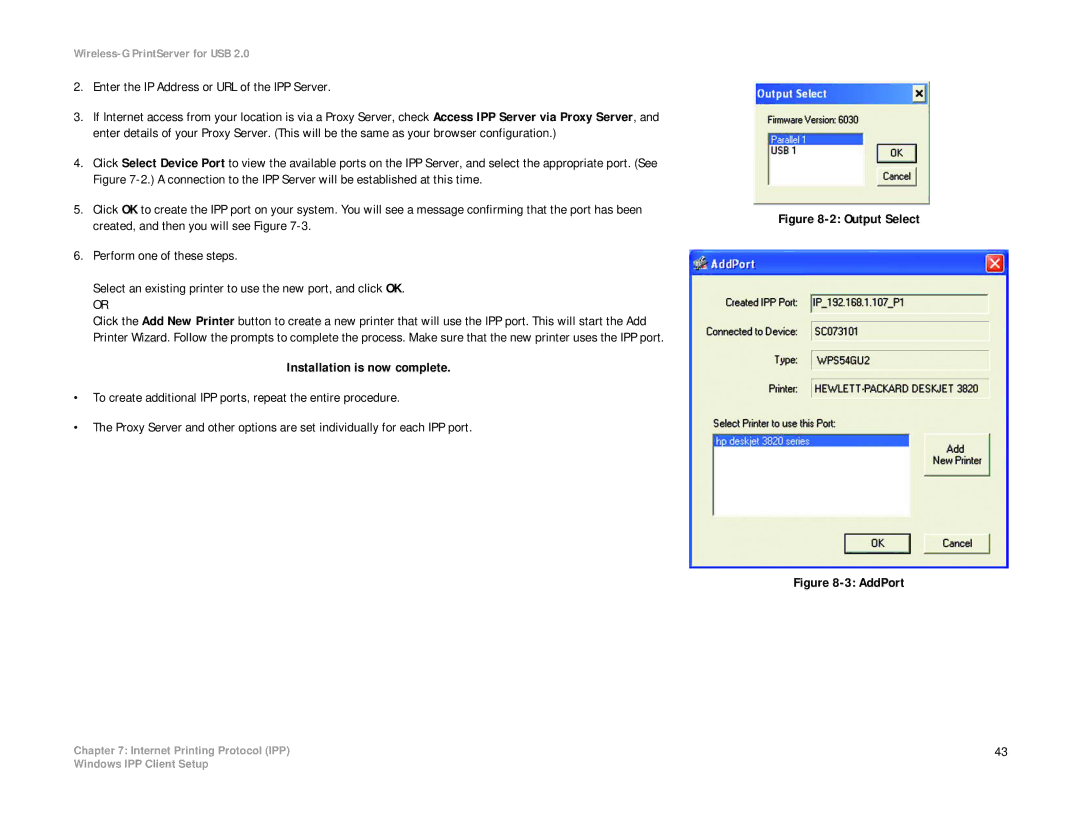 Linksys WPS54GU2 manual Enter the IP Address or URL of the IPP Server, Output Select 