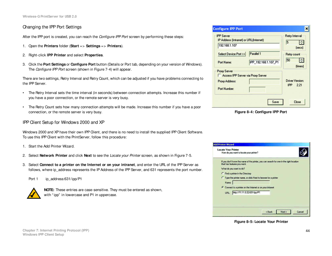 Linksys WPS54GU2 Changing the IPP Port Settings, IPP Client Setup for Windows 2000 and XP, Port 1 ipaddress631/ipp/P1 