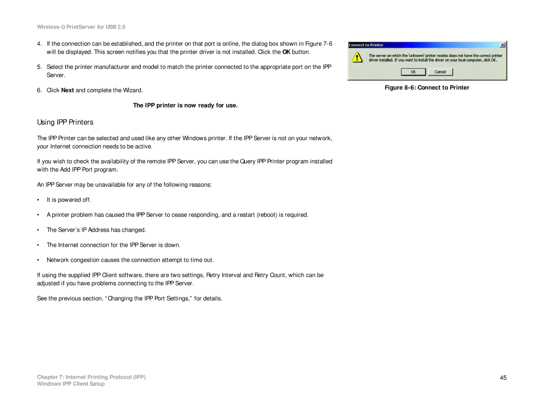 Linksys WPS54GU2 manual Using IPP Printers, Connect to Printer 