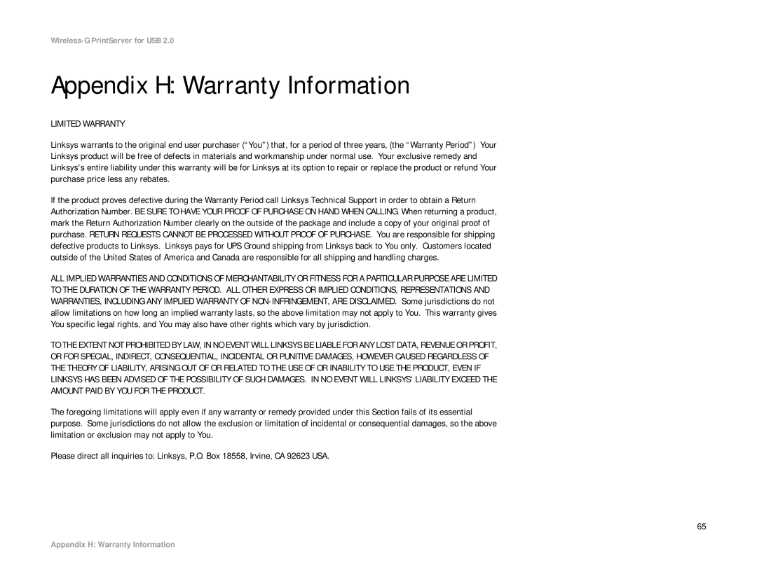 Linksys WPS54GU2 manual Appendix H Warranty Information, Limited Warranty 