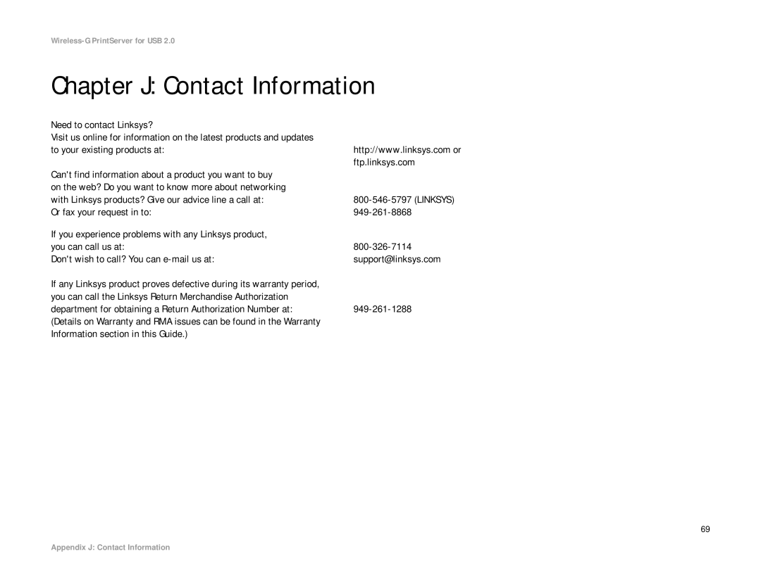 Linksys WPS54GU2 manual Chapter J Contact Information, Linksys 