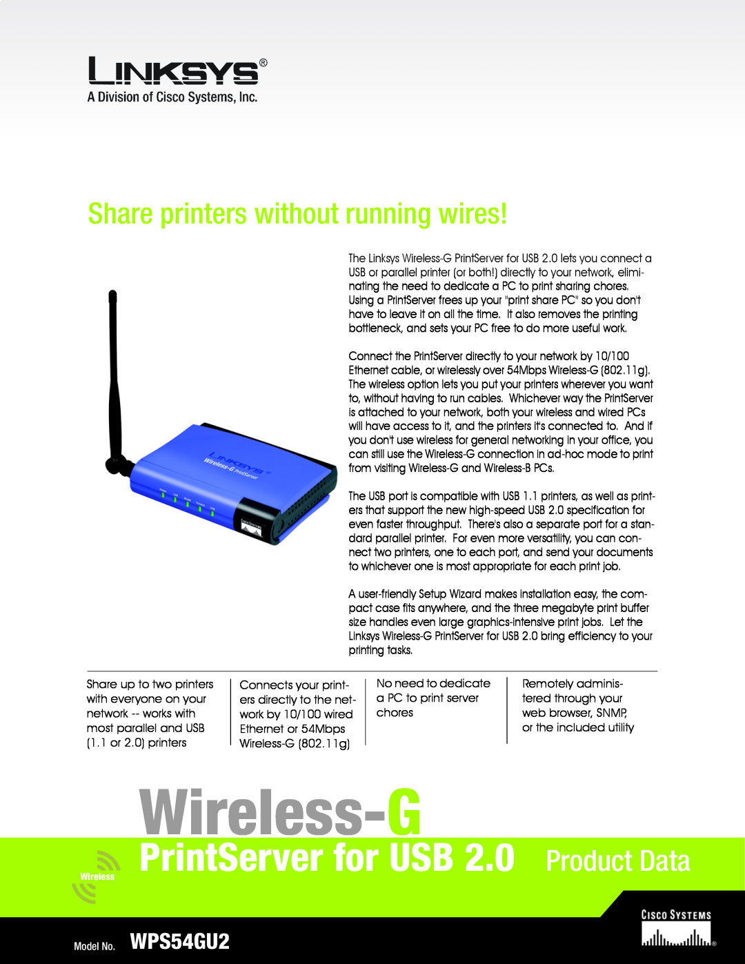 Linksys WPS54GU2 manual 2.4 802 GHz .11g Wireless- G, User Guide, PrintServer for USB, A Division of Cisco Systems, Inc 