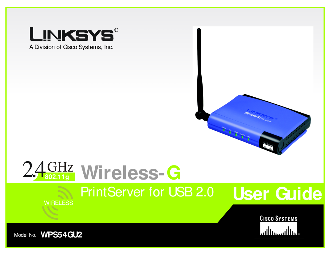 Linksys WPS54GU2 manual Wireless-G, PrintServer for USB 2.0 Product Data, Share printers without running wires 