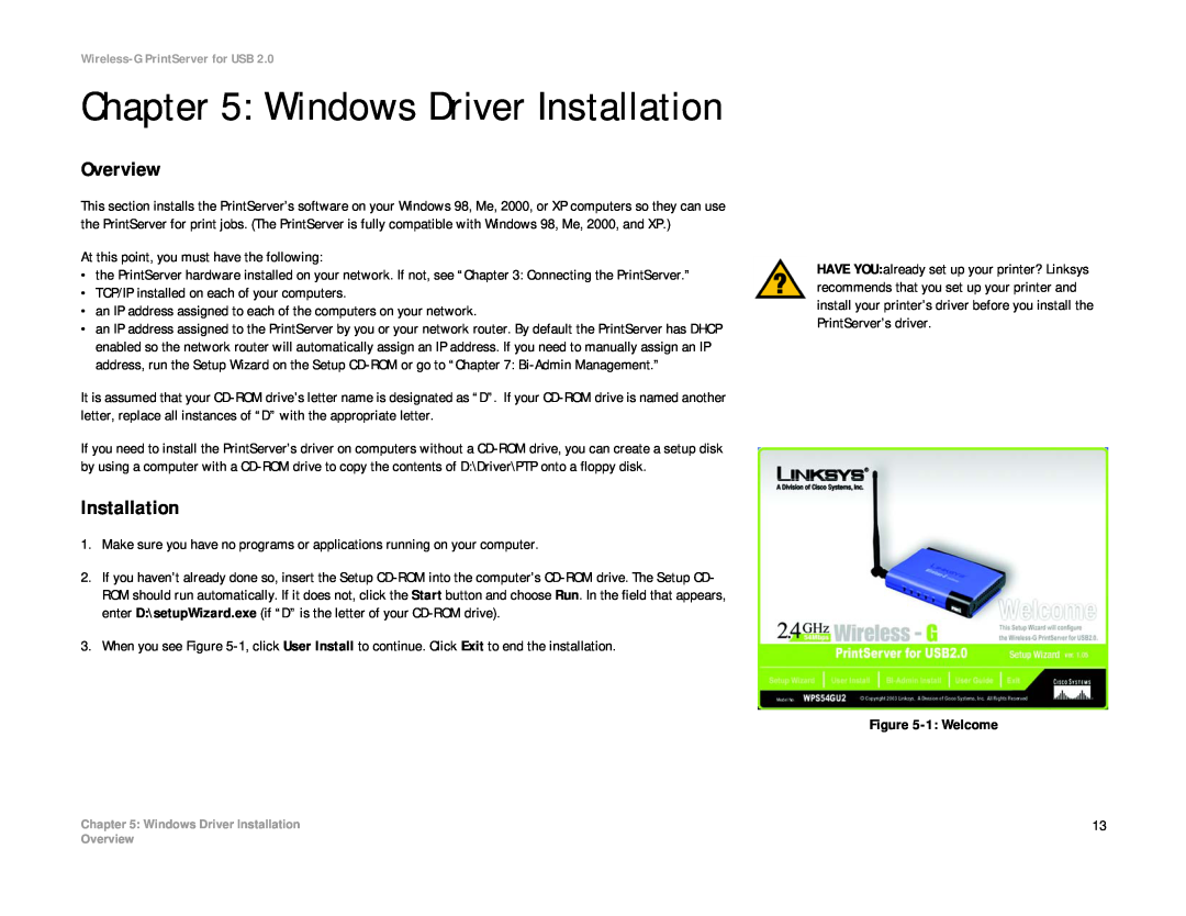 Linksys WPS54GU2 manual Windows Driver Installation 