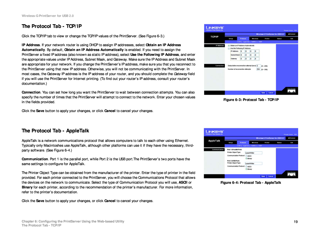 Linksys WPS54GU2 manual The Protocol Tab - TCP/IP, The Protocol Tab - AppleTalk 