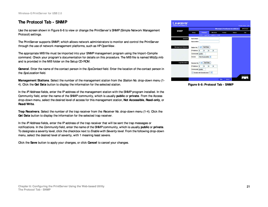 Linksys WPS54GU2 manual The Protocol Tab - SNMP, 6 Protocol Tab - SNMP 