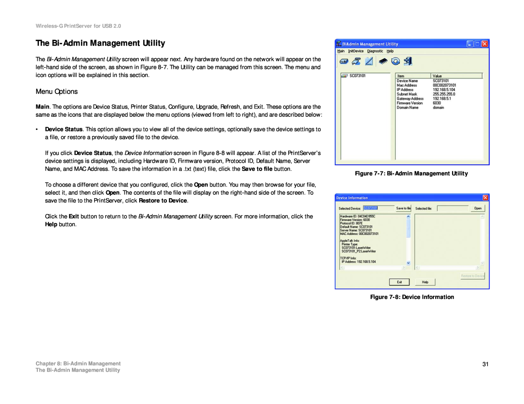 Linksys WPS54GU2 manual The Bi-Admin Management Utility, Menu Options 