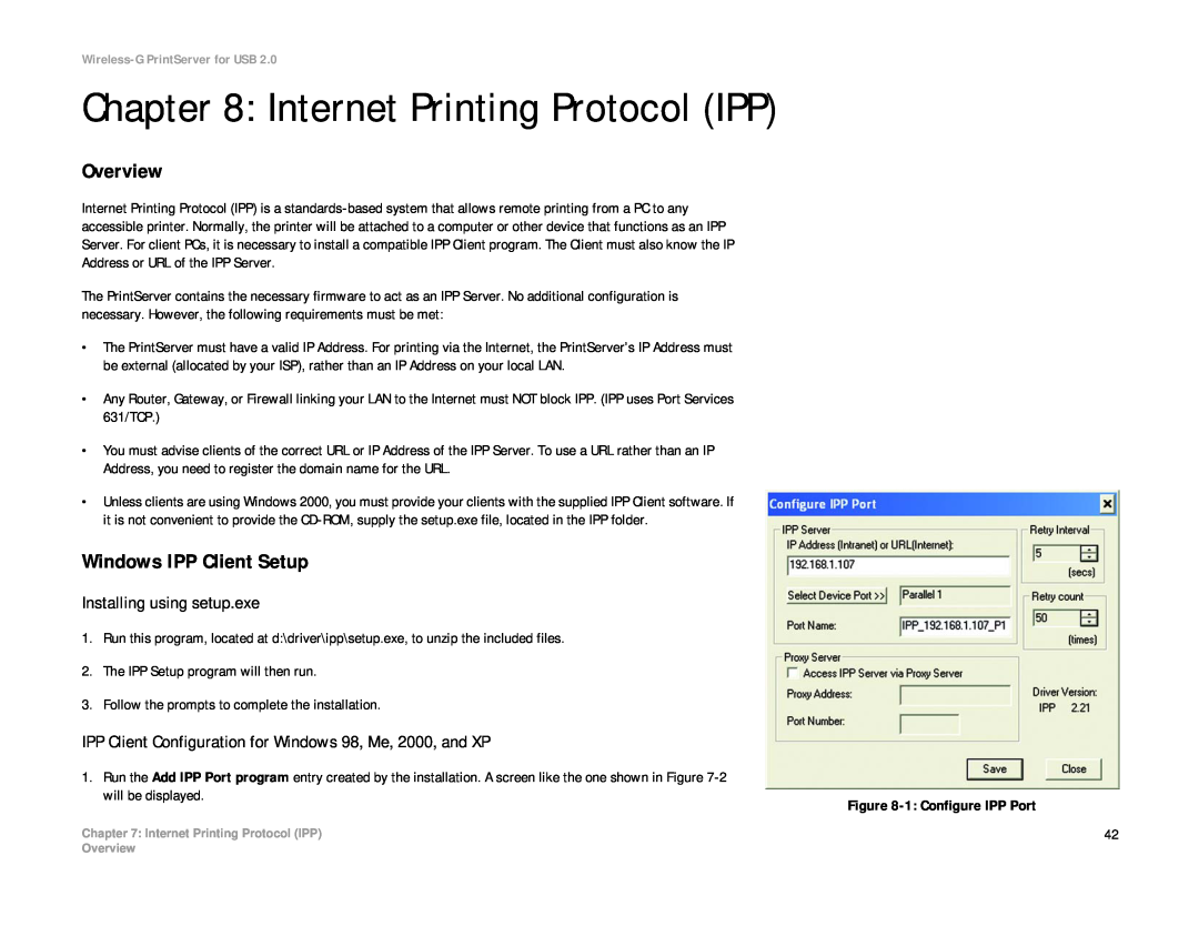 Linksys WPS54GU2 manual Internet Printing Protocol IPP, Installing using setup.exe 