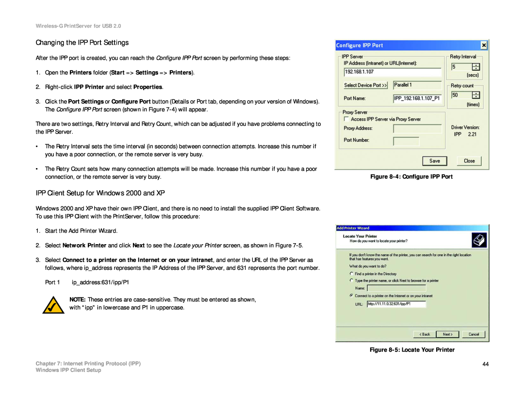 Linksys WPS54GU2 manual Changing the IPP Port Settings, IPP Client Setup for Windows 2000 and XP 