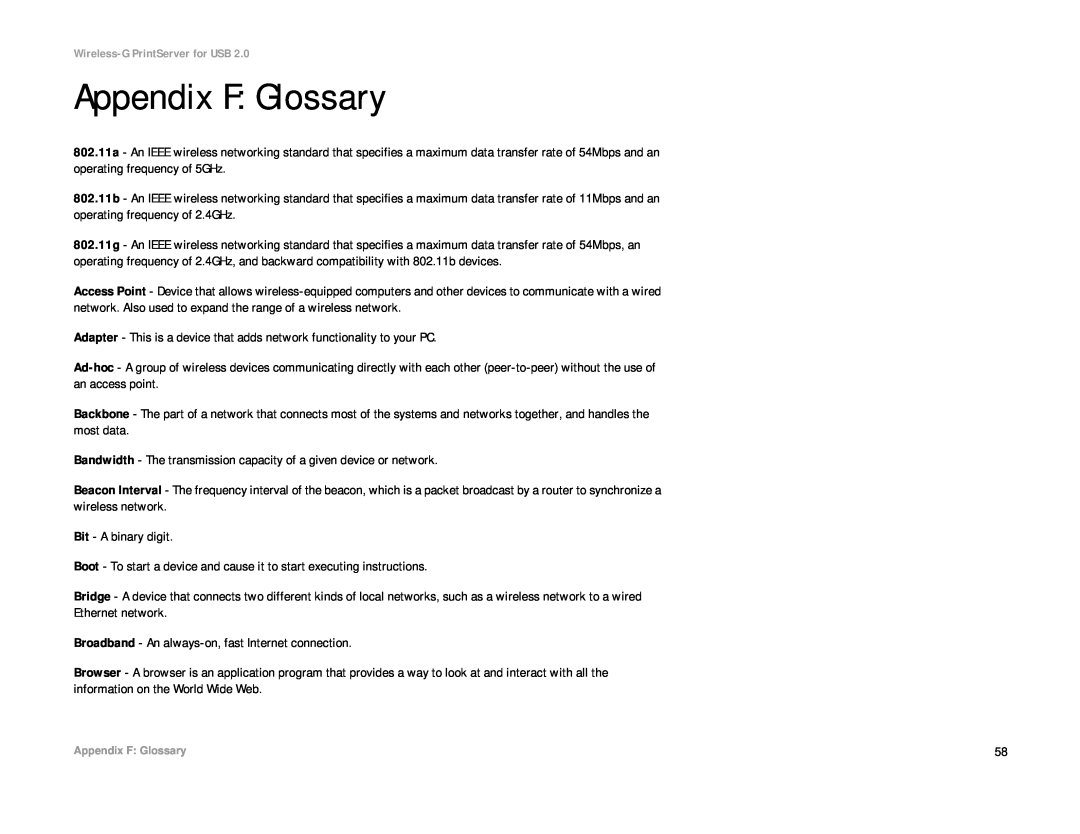 Linksys WPS54GU2 manual Appendix F Glossary 