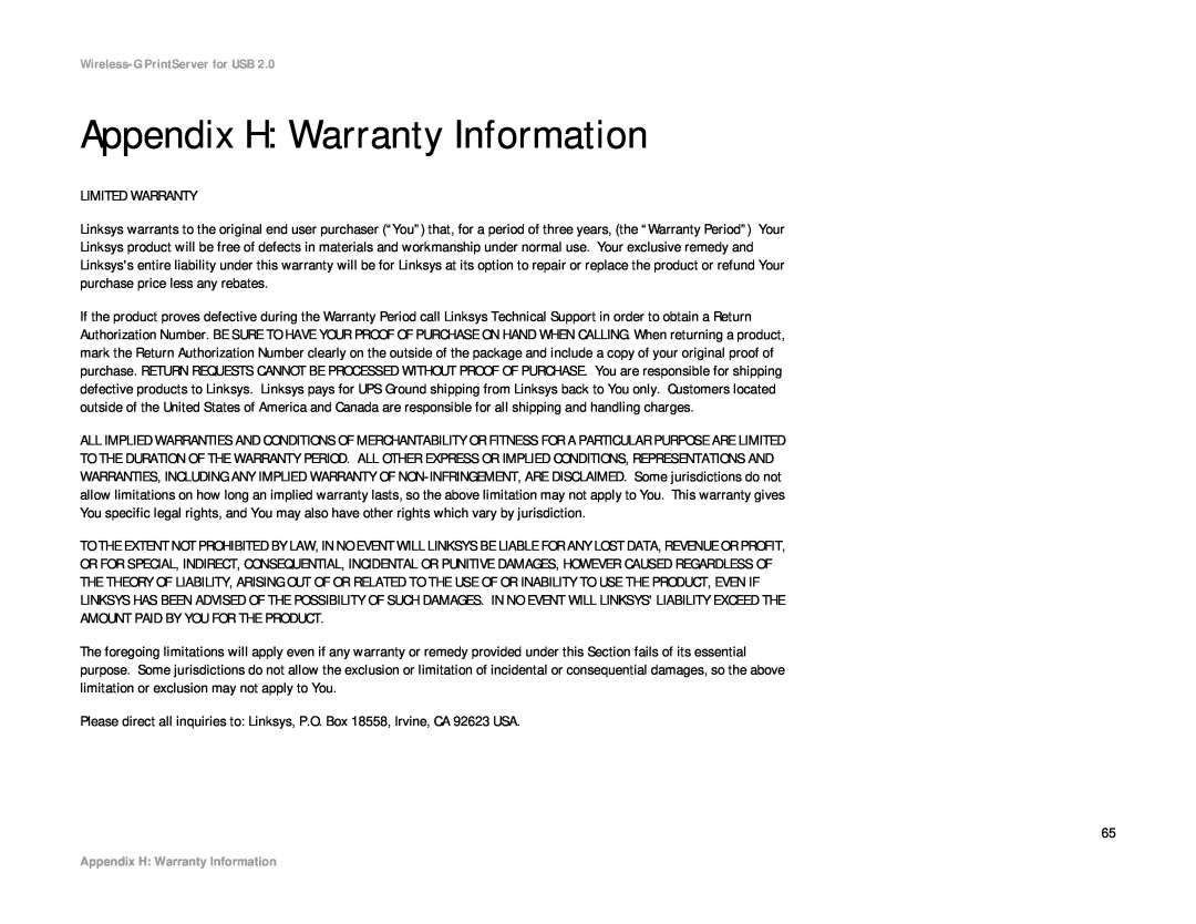Linksys WPS54GU2 manual Appendix H Warranty Information 