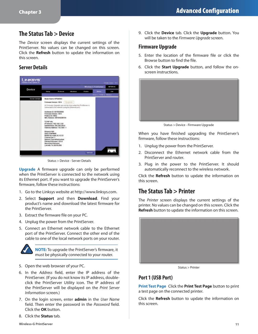 Linksys WPSM54G manual Status Tab Device, Status Tab Printer, Server Details, Firmware Upgrade, Port 1 USB Port 