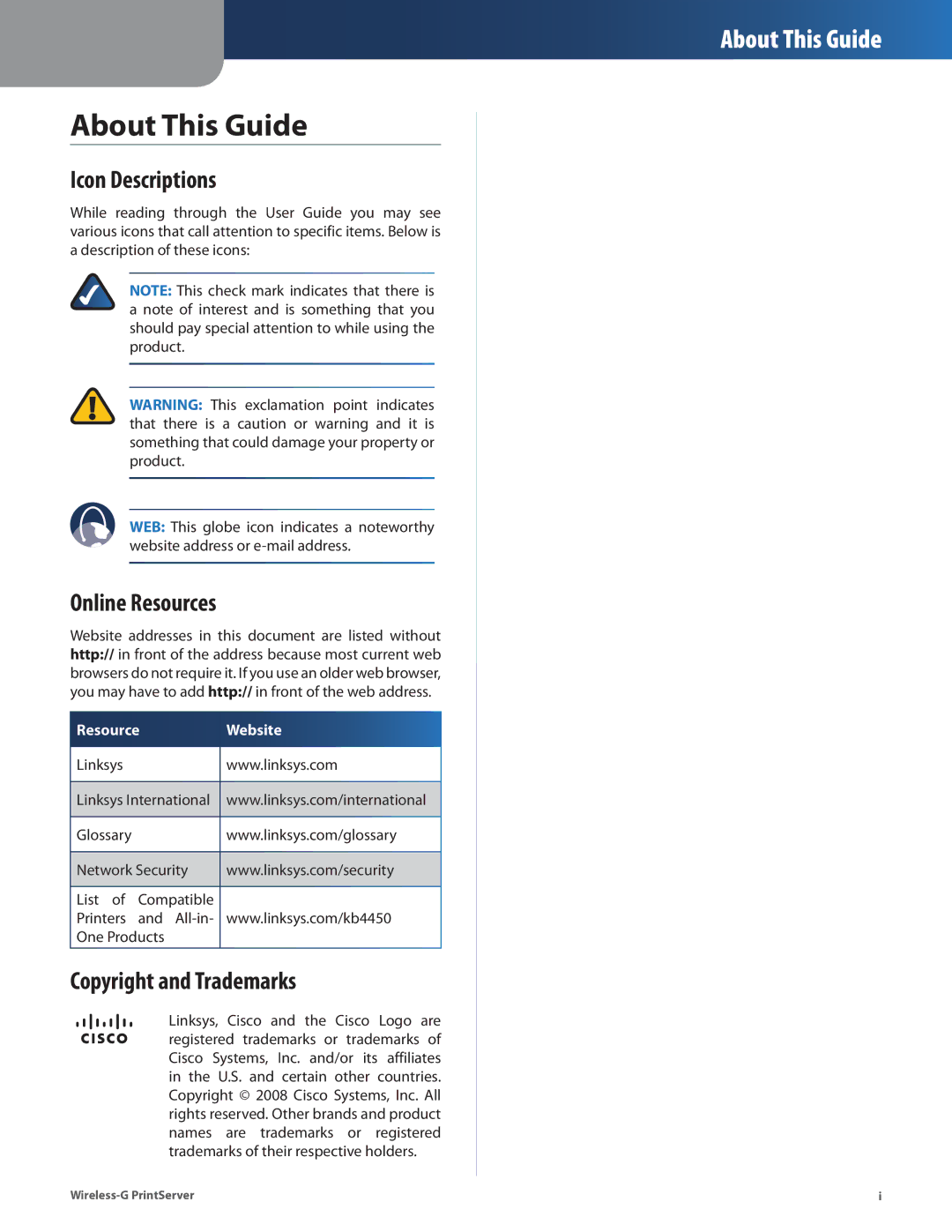 Linksys WPSM54G manual About This Guide, Icon Descriptions, Online Resources, Copyright and Trademarks 