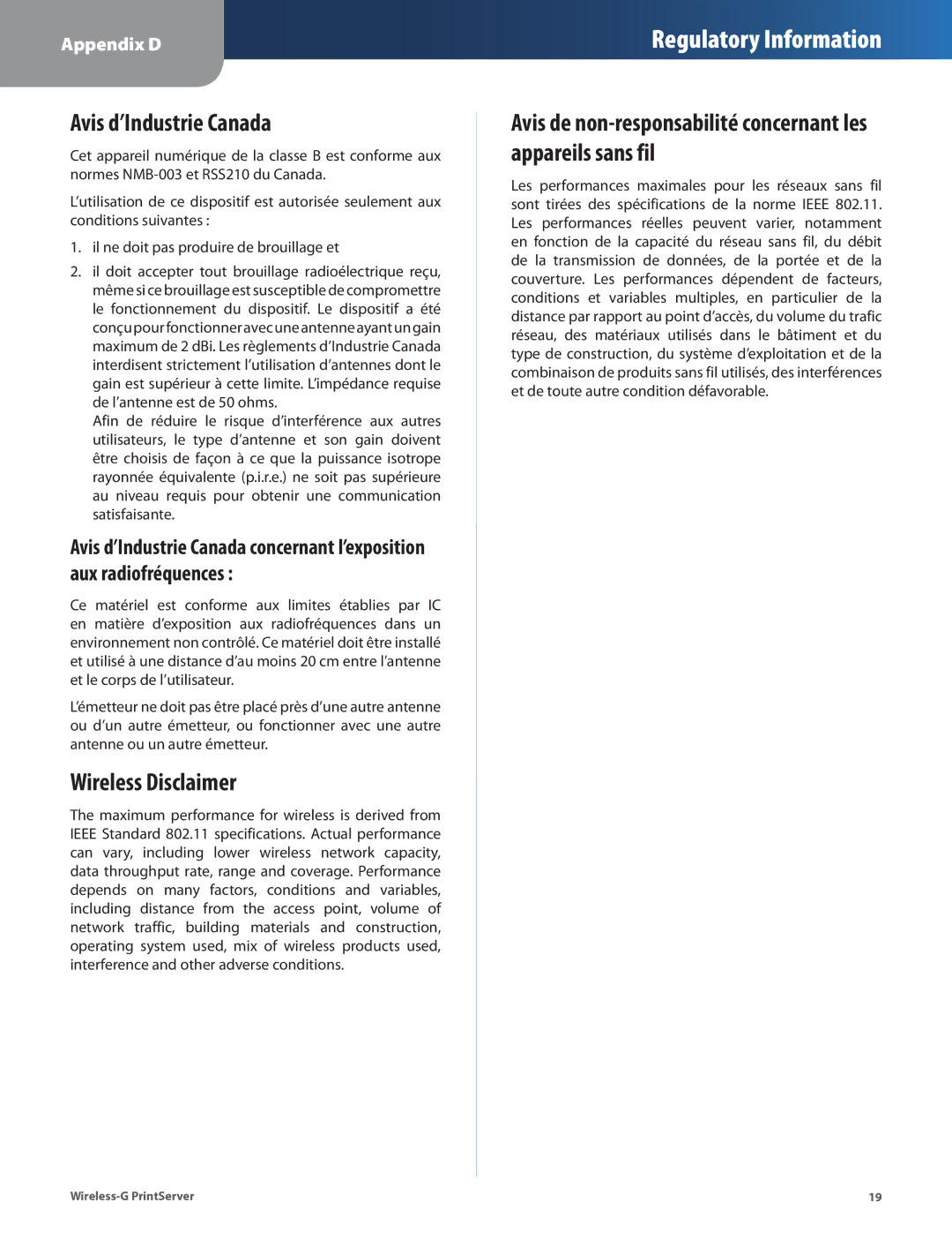 Linksys WPSM54G manual Avis d’Industrie Canada, Wireless Disclaimer 