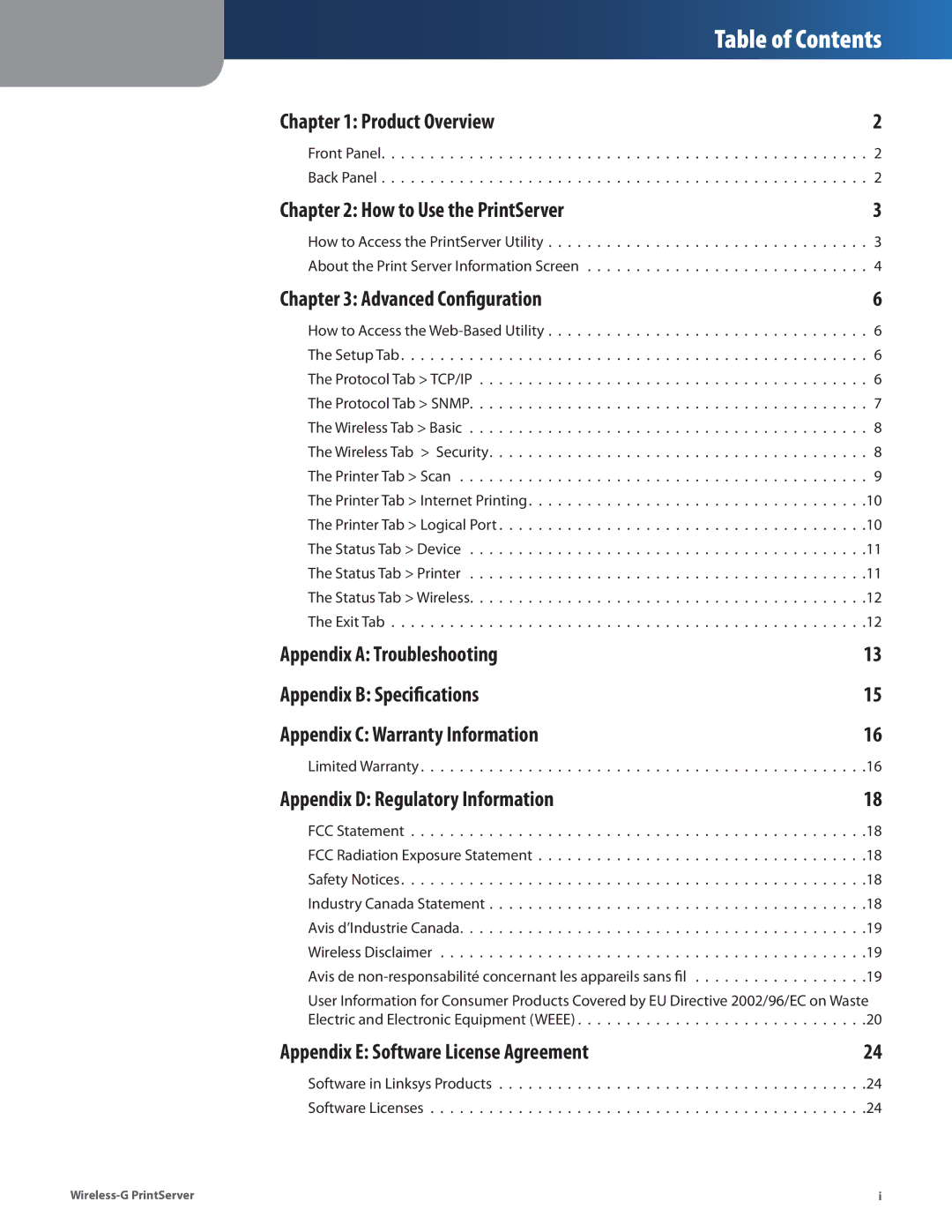 Linksys WPSM54G manual Table of Contents 