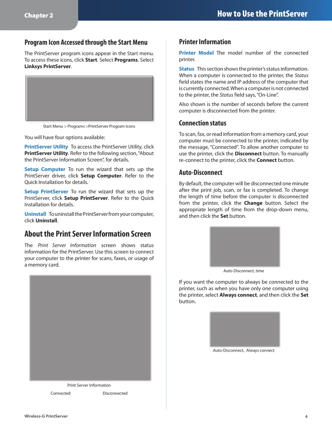 Linksys WPSM54G manual Printer Information, Connection status, Auto-Disconnect 