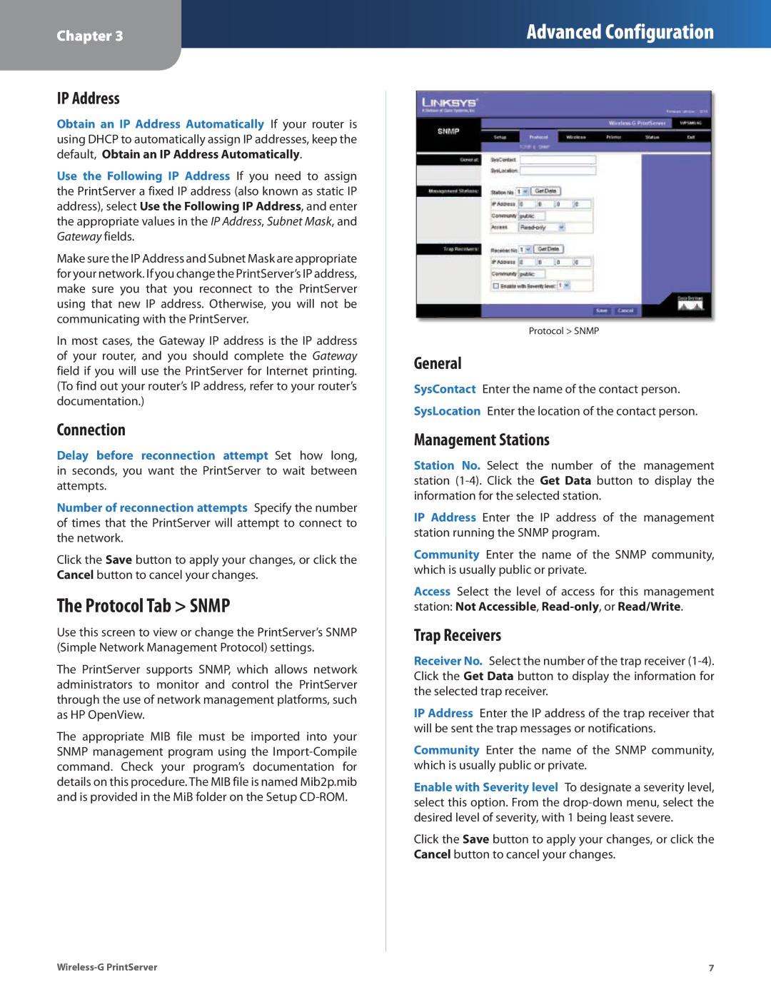 Linksys WPSM54G manual Protocol Tab Snmp 