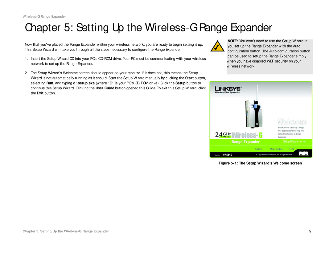 Linksys WRE54G manual Setting Up the Wireless-G Range Expander, Setup Wizard’s Welcome screen 