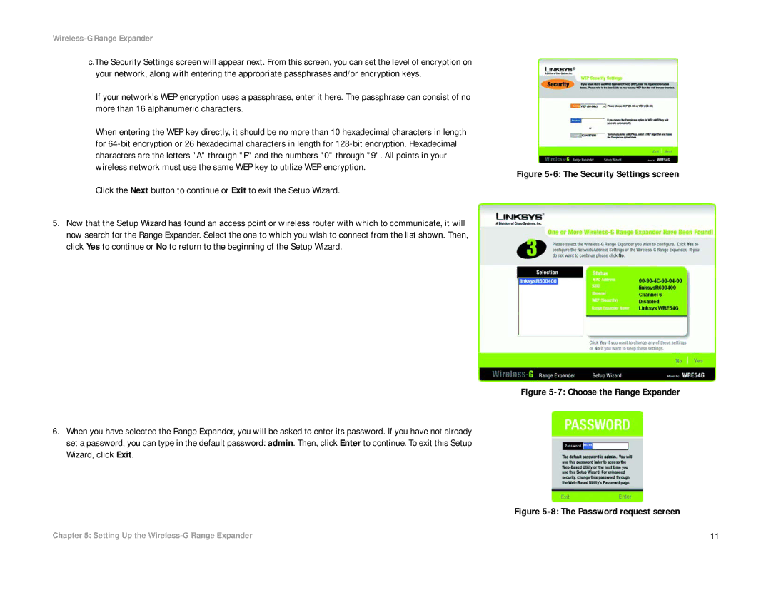 Linksys WRE54G manual Security Settings screen 