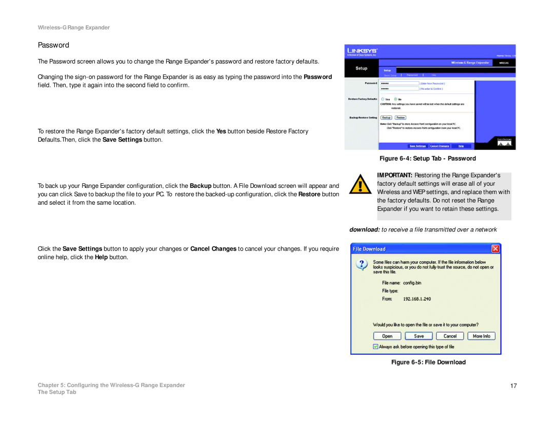 Linksys WRE54G manual Password, Download to receive a file transmitted over a network 