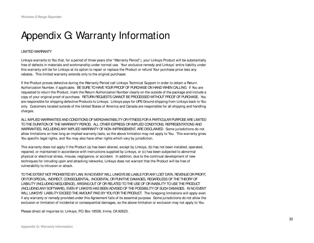 Linksys WRE54G manual Appendix G Warranty Information, Limited Warranty 