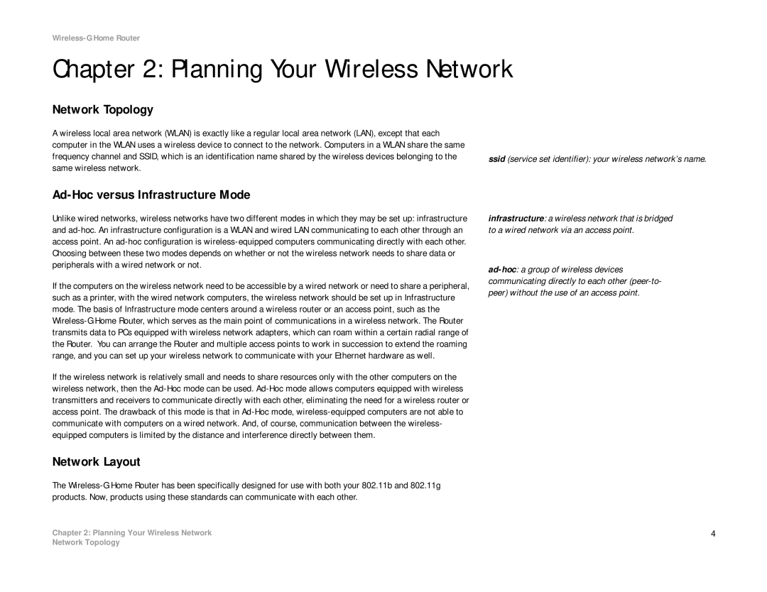 Linksys WRH54G manual Planning Your Wireless Network, Network Topology, Ad-Hoc versus Infrastructure Mode, Network Layout 