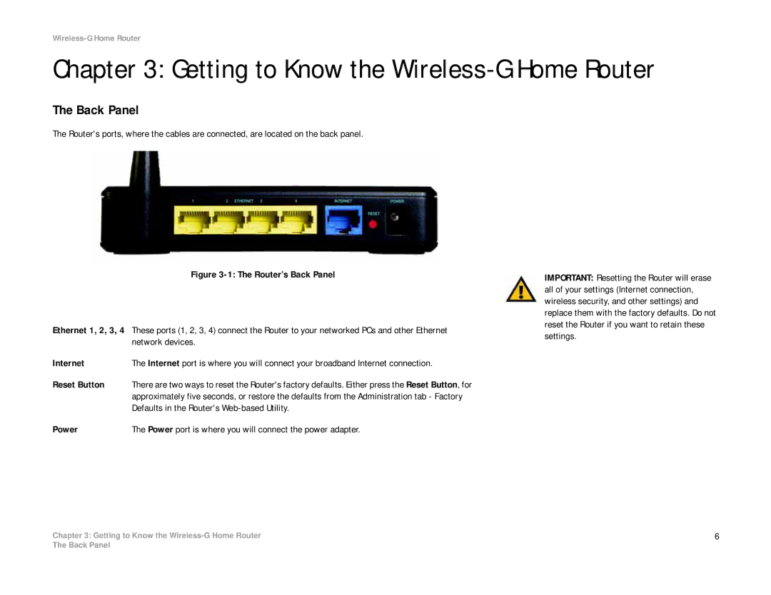 Linksys WRH54G manual Getting to Know the Wireless-G Home Router, Back Panel 