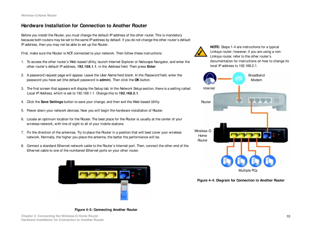 Linksys WRH54G manual Hardware Installation for Connection to Another Router, Connecting Another Router 