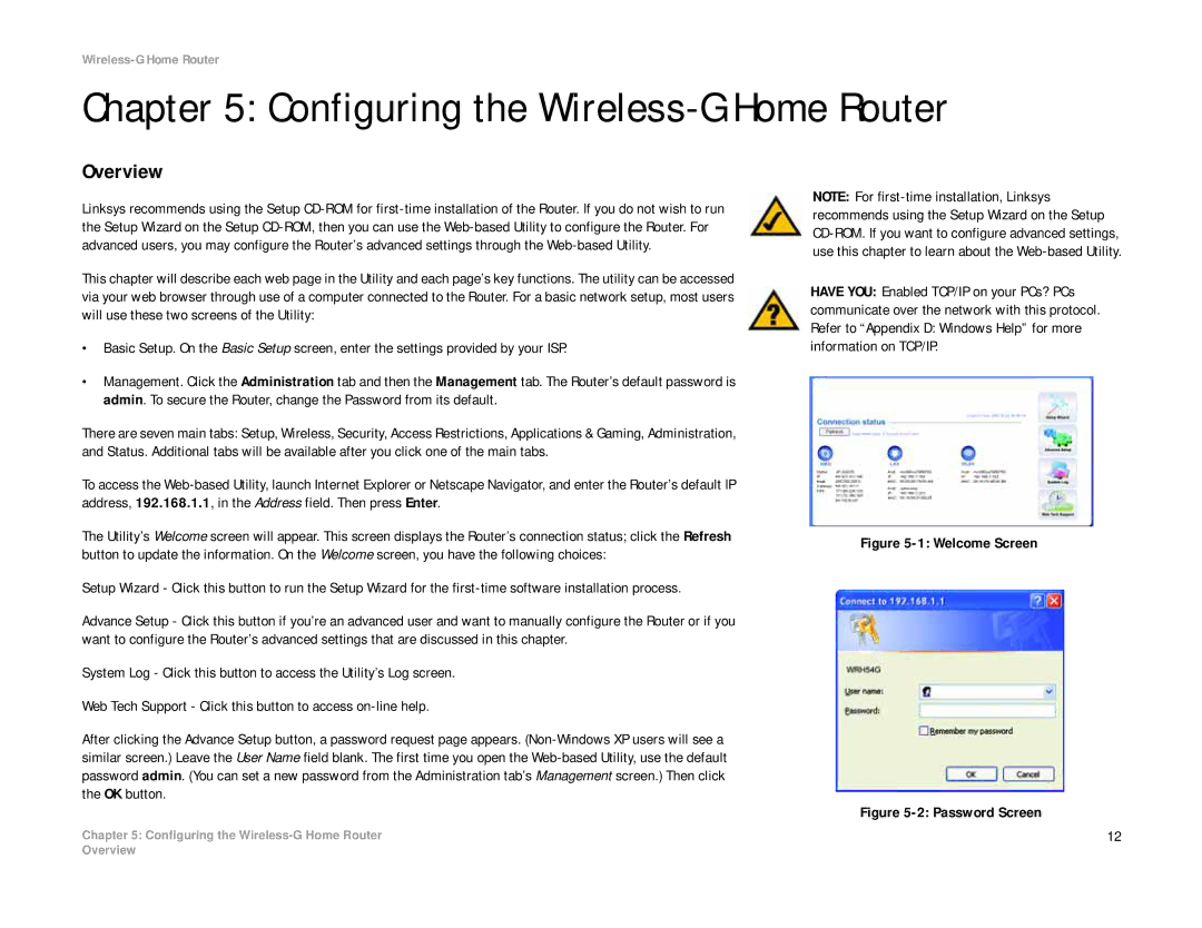 Linksys WRH54G manual Configuring the Wireless-G Home Router, Welcome Screen 