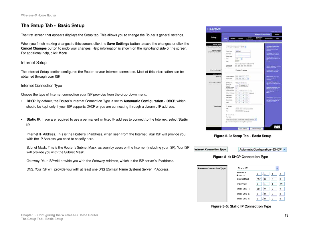 Linksys WRH54G manual Setup Tab Basic Setup, Internet Setup 