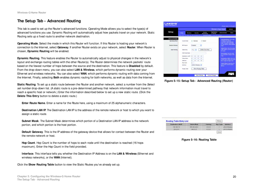 Linksys WRH54G manual Setup Tab Advanced Routing Router 